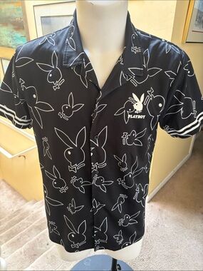 PLAYBOY Black Short Sleeve Button-Down with White Logo Print